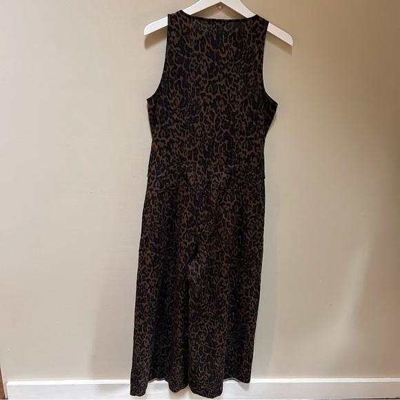 BR~new~Sleeveless Button Front Green Leopard Linen Cotton Wide Leg Jumpsuit sz 4 - Picture 8 of 14